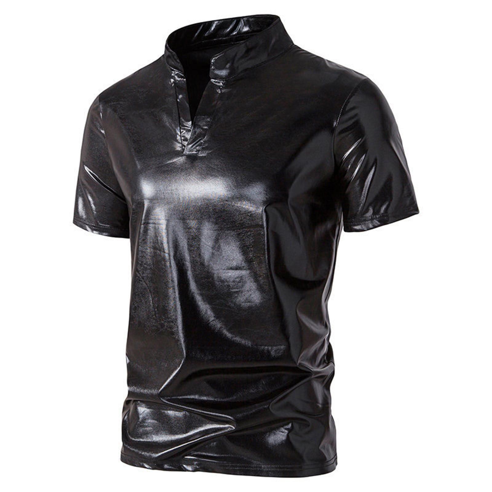 Amydeal Men's Summer Nightclub Solid Color Gold Stamping Men's Casual Short-sleeved V-neck T-shirt Shiny Collar Shirt XXL zwart