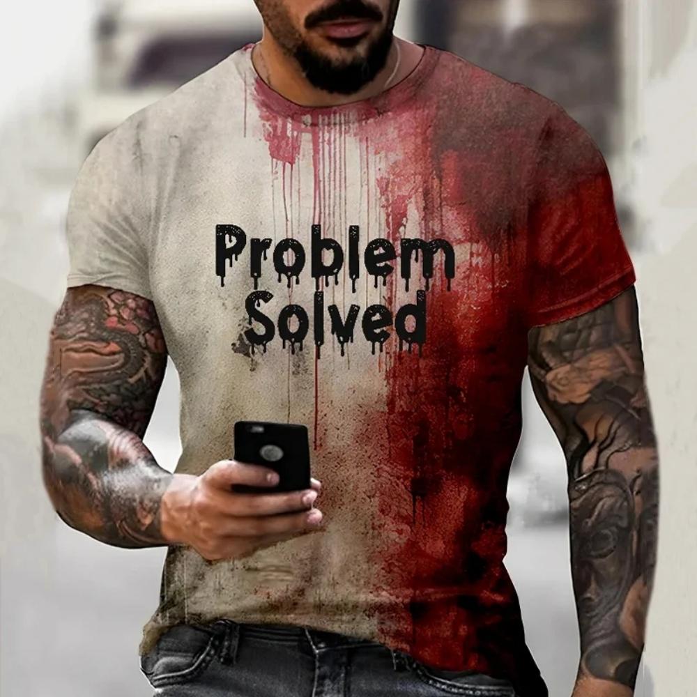 ETST42 Heren T-shirts Probleem Opgelost Bloederige Print T-shirts Mode Afschuwelijke Halloween Korte Mouw Casual Ronde Hals Oversized T-shirt Tops XL