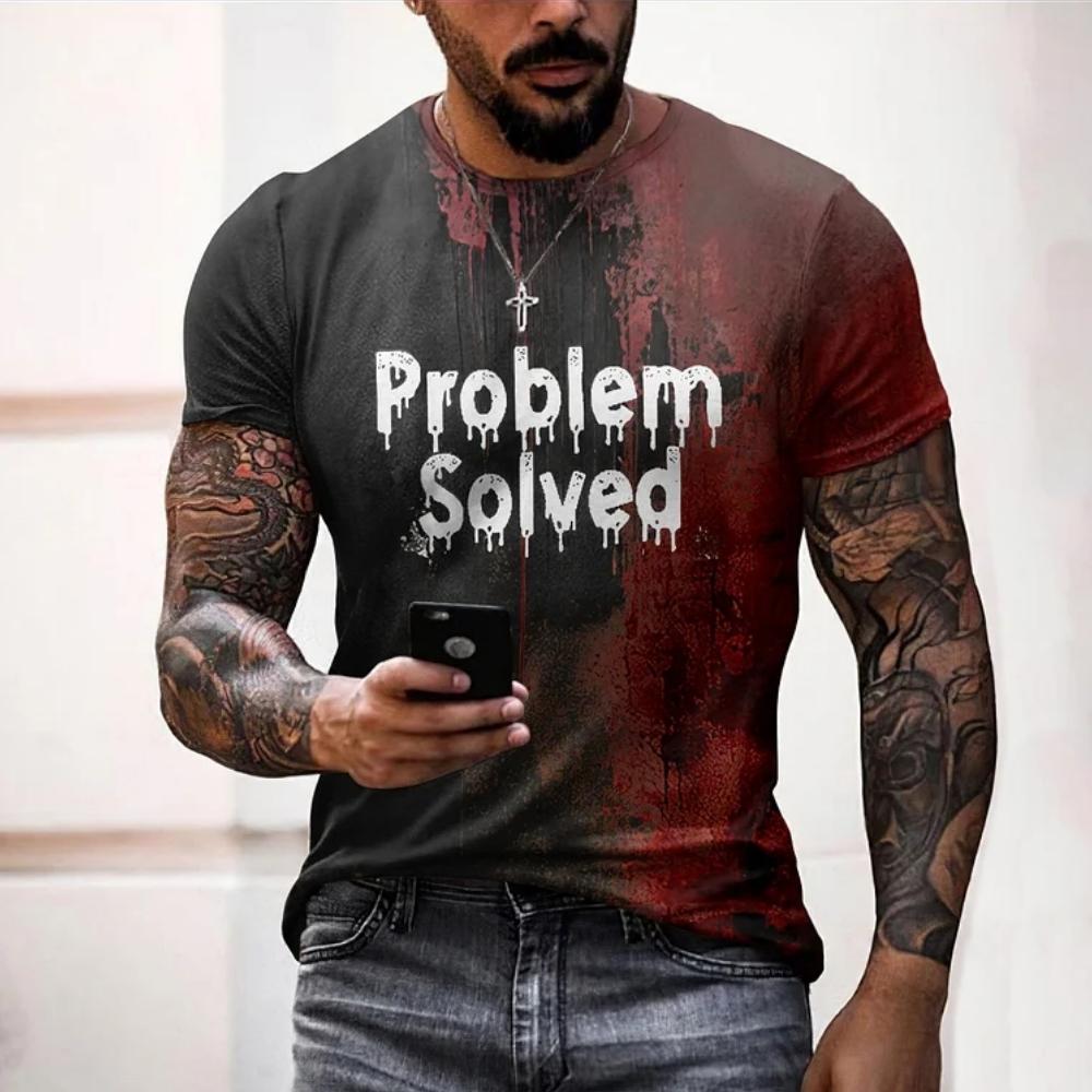 ETST42 Heren T-shirts Probleem Opgelost Bloederige Print T-shirts Mode Afschuwelijke Halloween Korte Mouw Casual Ronde Hals Oversized T-shirt Tops XL