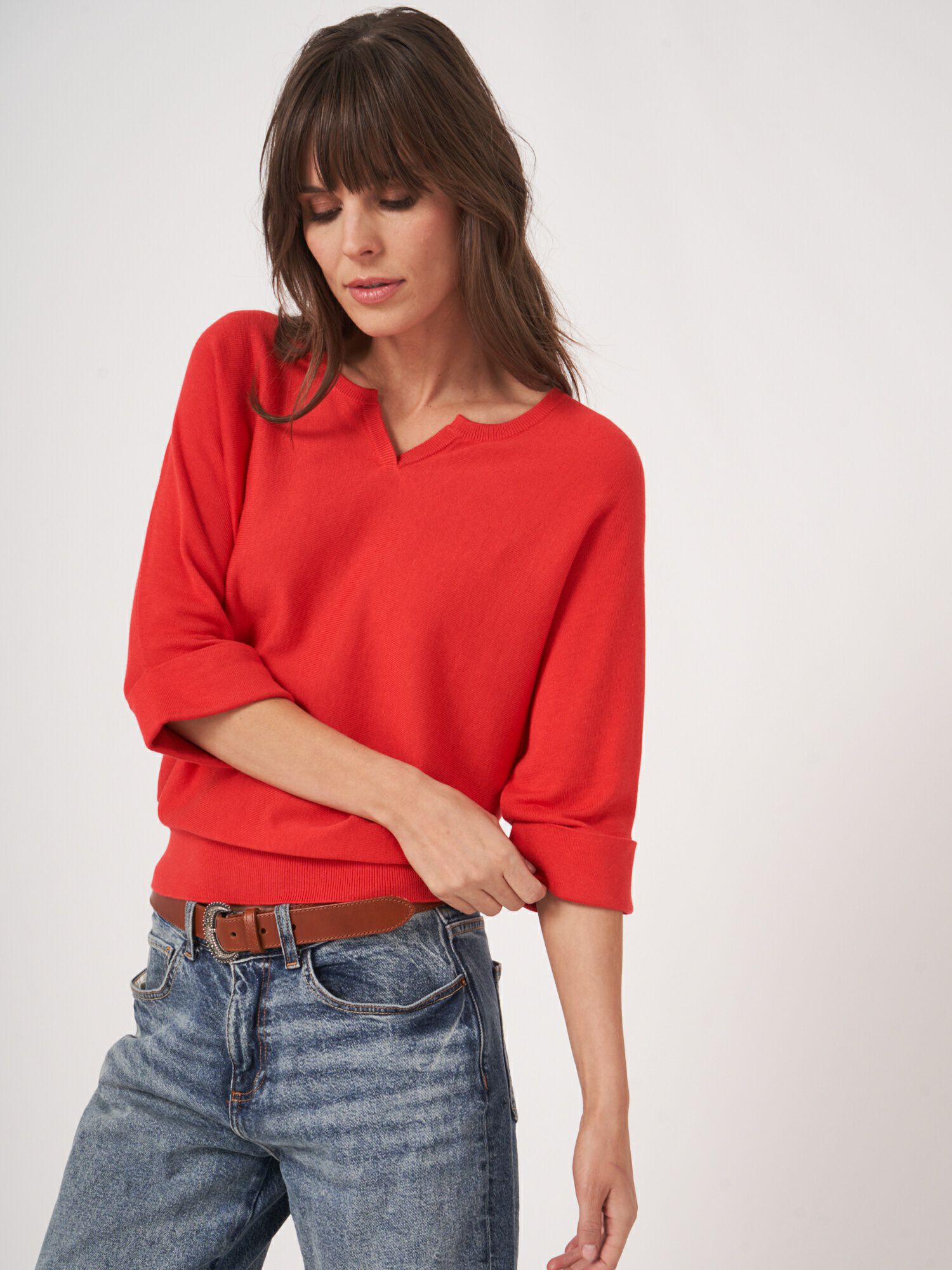 REPEAT cashmere Losvallende fijn gebreide batwing trui van katoenmix