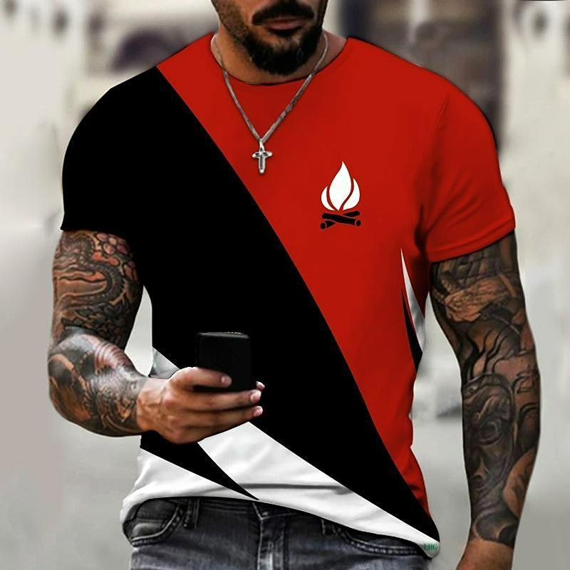Super Human Merk Heren Zomer Rood Korte Mouw Driedimensionaal Patroon 3D-Print Heren T-shirt Trendy S Streetwear 3XL rood/zwart