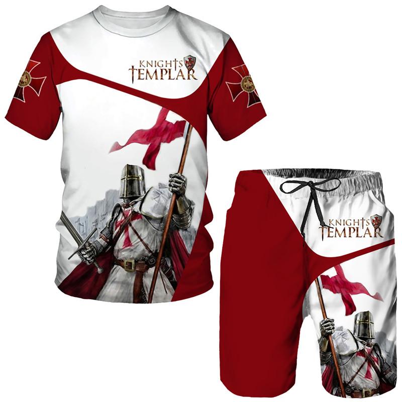 TIP723 Crusader Knight Print T-shirt Voor Mannen Hip Hop Tempel Harajuku O-hals T-shirts Mode Shorts 2 Stuk Outfit Sets vintage Kleding S