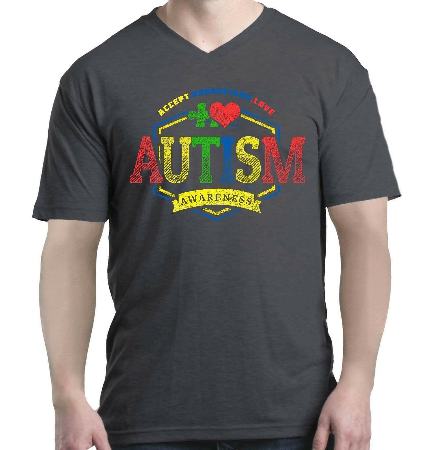 91140100MA0LT7WW9A Accepteer Begrijp Liefde Puzzel Autisme Bewustzijn V-hals Vriendelijke Unisex T-shirts XXXXL