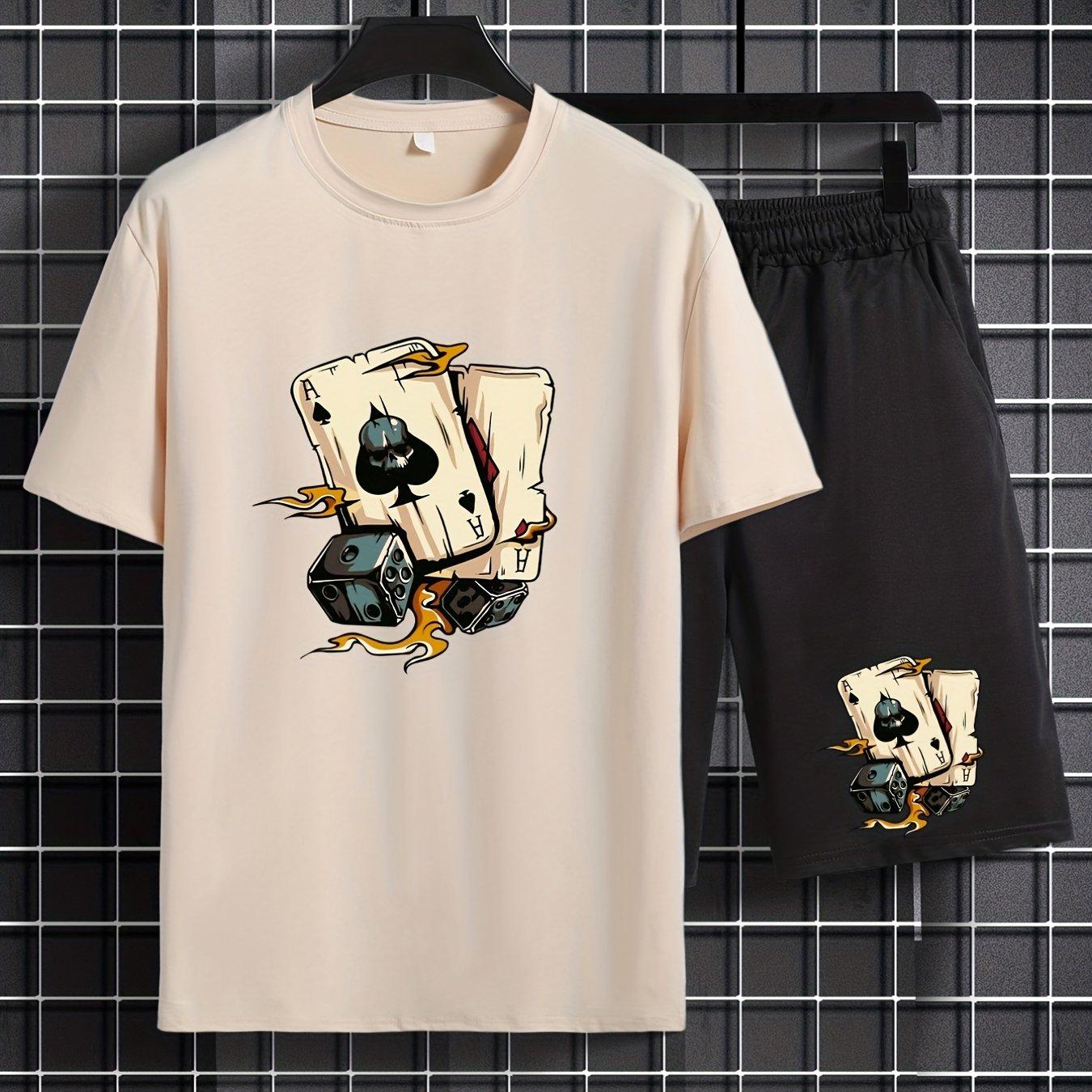 Bobby 2 Heren Casual Trendy Poker Element Grafische print Comfortabel Ronde hals T-shirt en shorts met korte mouwen, Zomer Oversized Losse kleding Grote maten 6XL