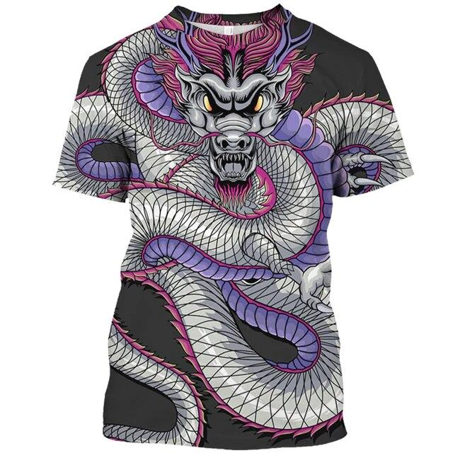 ETST 07 Heren T-shirt met ronde hals en korte mouwen, oversized losse vrijetijdskleding, 3D, drakenpatroon, in de zomer van 5XL