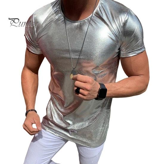 SOUTONG Zomer Heren T-shirt Glanzend Oppervlak Bronzing Slim Fit O Hals Effen Kleur Korte Mouwen Trui Feest Club Prestatie Dans Streetwear Top XL zilver
