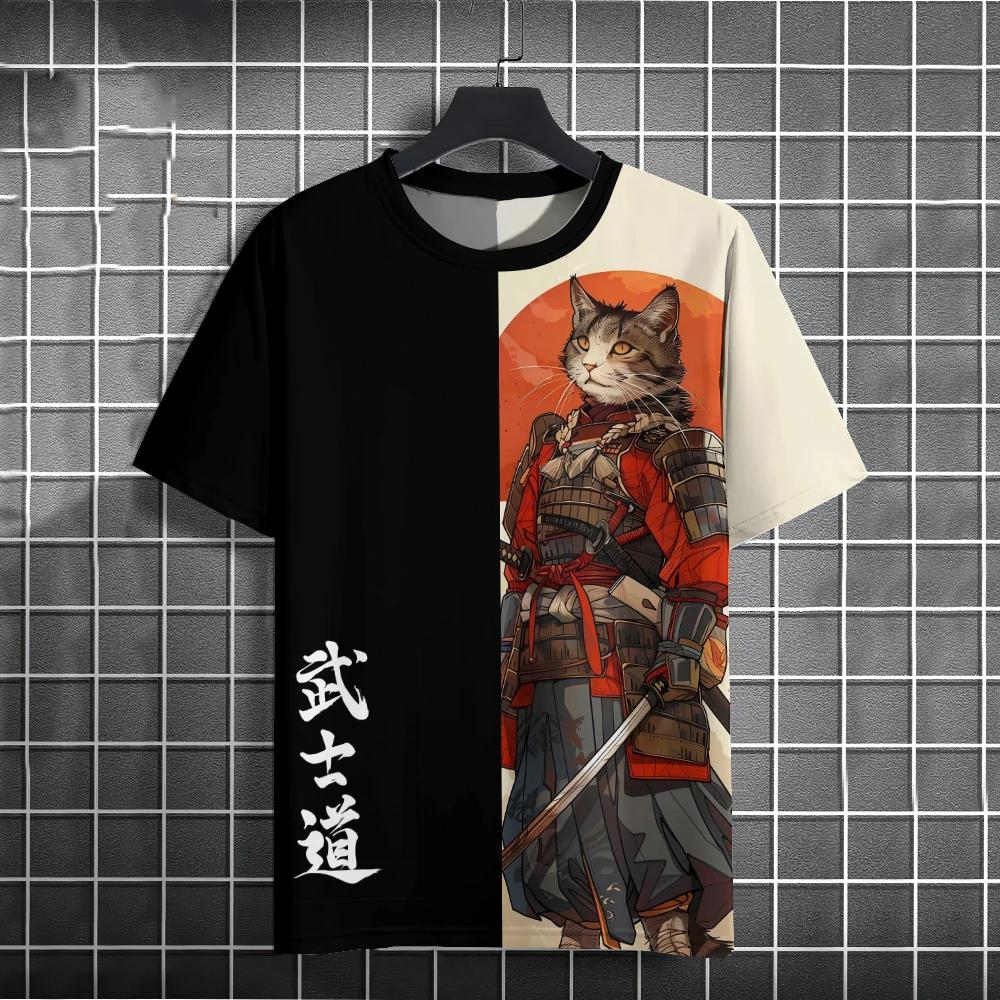 ETST 012 Mode Casual Cool Samurai Cat grafische t-shirts Zomer Heren Trend Grappig Hip Hop harajuku streetwear Vrije tijd Bedrukt Korte Mouw 4XL