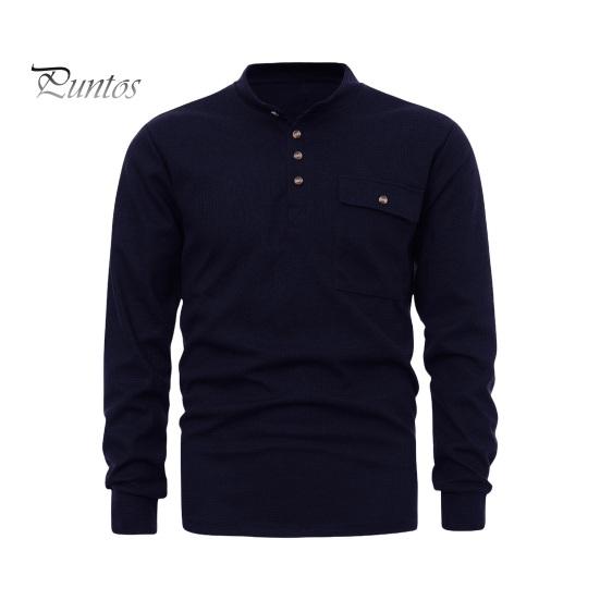 DILLER Herfst Lente Heren Overhemd Ronde Hals Geknoopt Borstzak Elastische Manchet Verdikt Effen Kleur Pullover Losse Casual Zakelijke Stijl Top S marineblauwe kleur