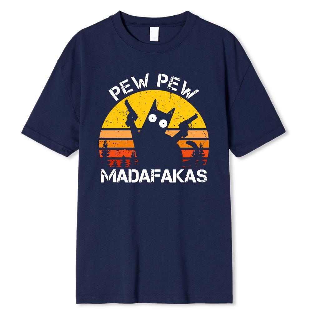 HerSight Katoen Pew Pew Madafakas Kat Met Twee Pistolen Print Heren T-Shirts Zomer Katoenen T-Shirts Ademend Losse Kleding Hip Hop Street T-shirts M donkerblauwe kleur