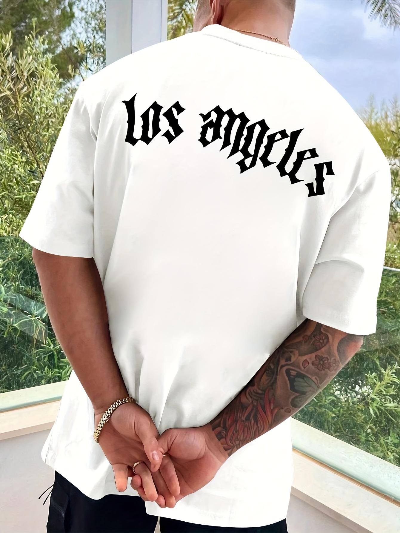 The best product for you Los Angeles Print T-shirt, Versatile & Breathable Street Fashion For Men, SCasual Crew Neck Short Sleeve T-shirt For Summer M legergroene kleur