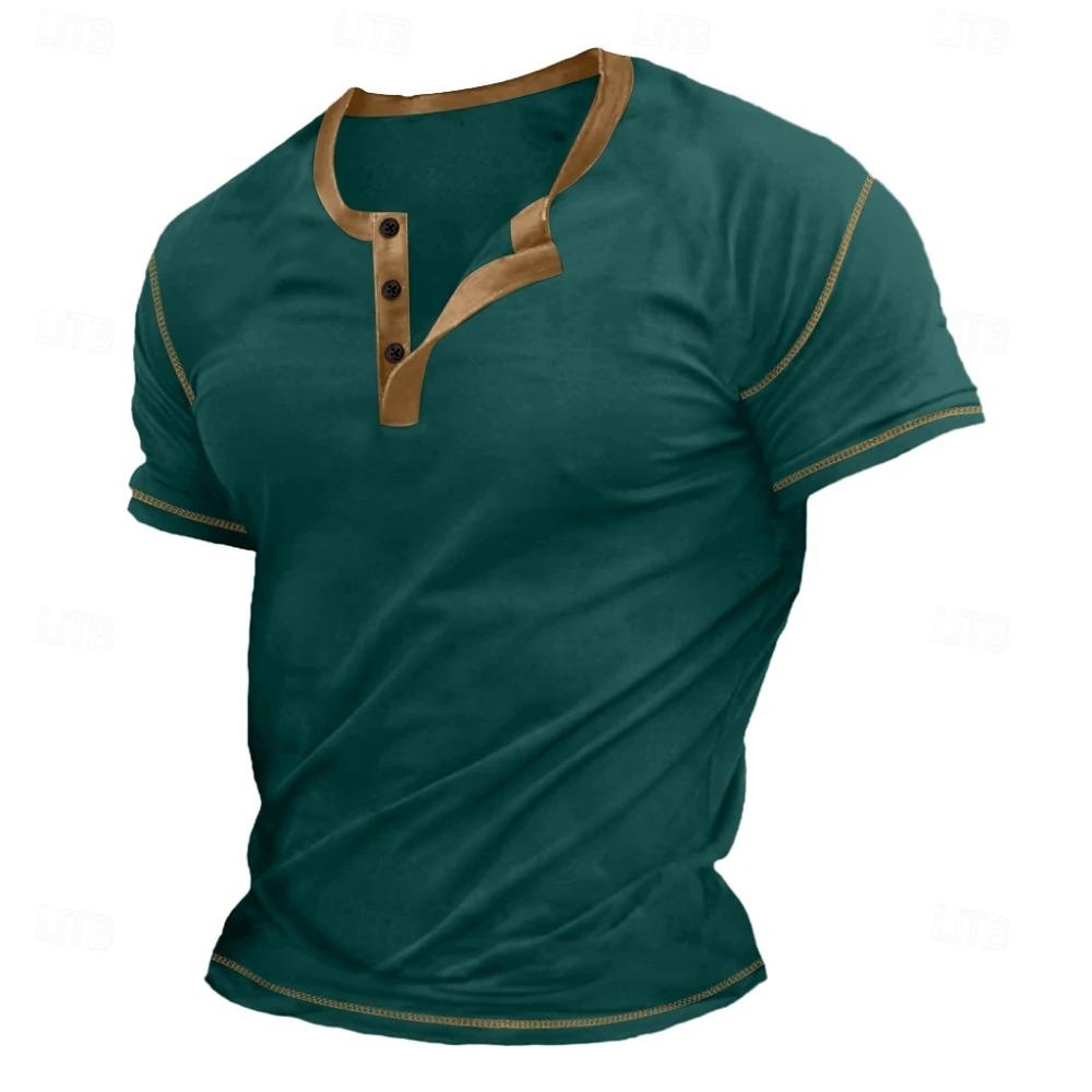 FEGKZLI Fashion Heren casual T-shirts met korte mouwen, knoop V-hals, vintage zomerspier-T-shirt voor heren XXXL donker cyaan kleur