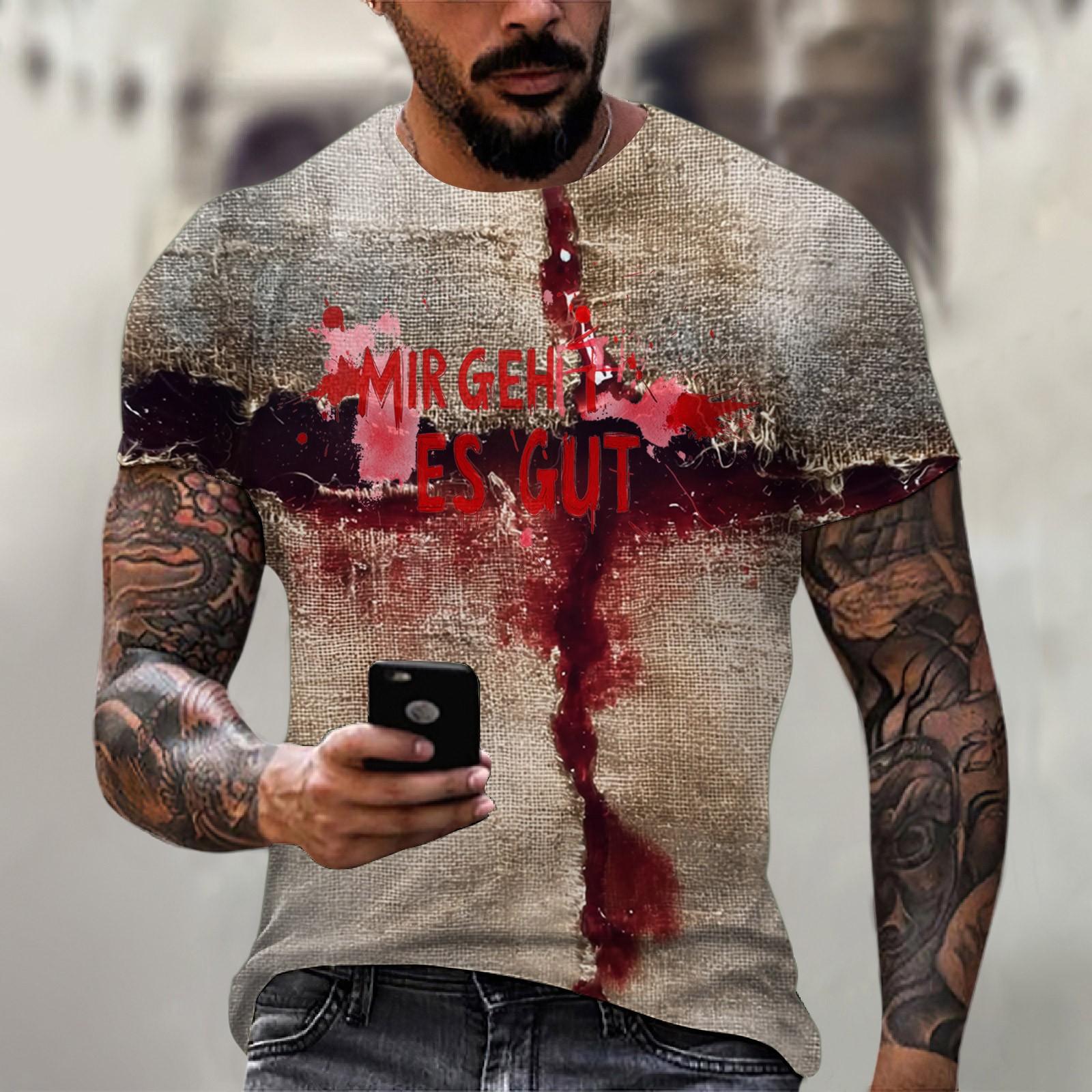 Master key Halloween printed men's round-neck cotton-like short-sleeved top T-shirt XXXL cinnaber