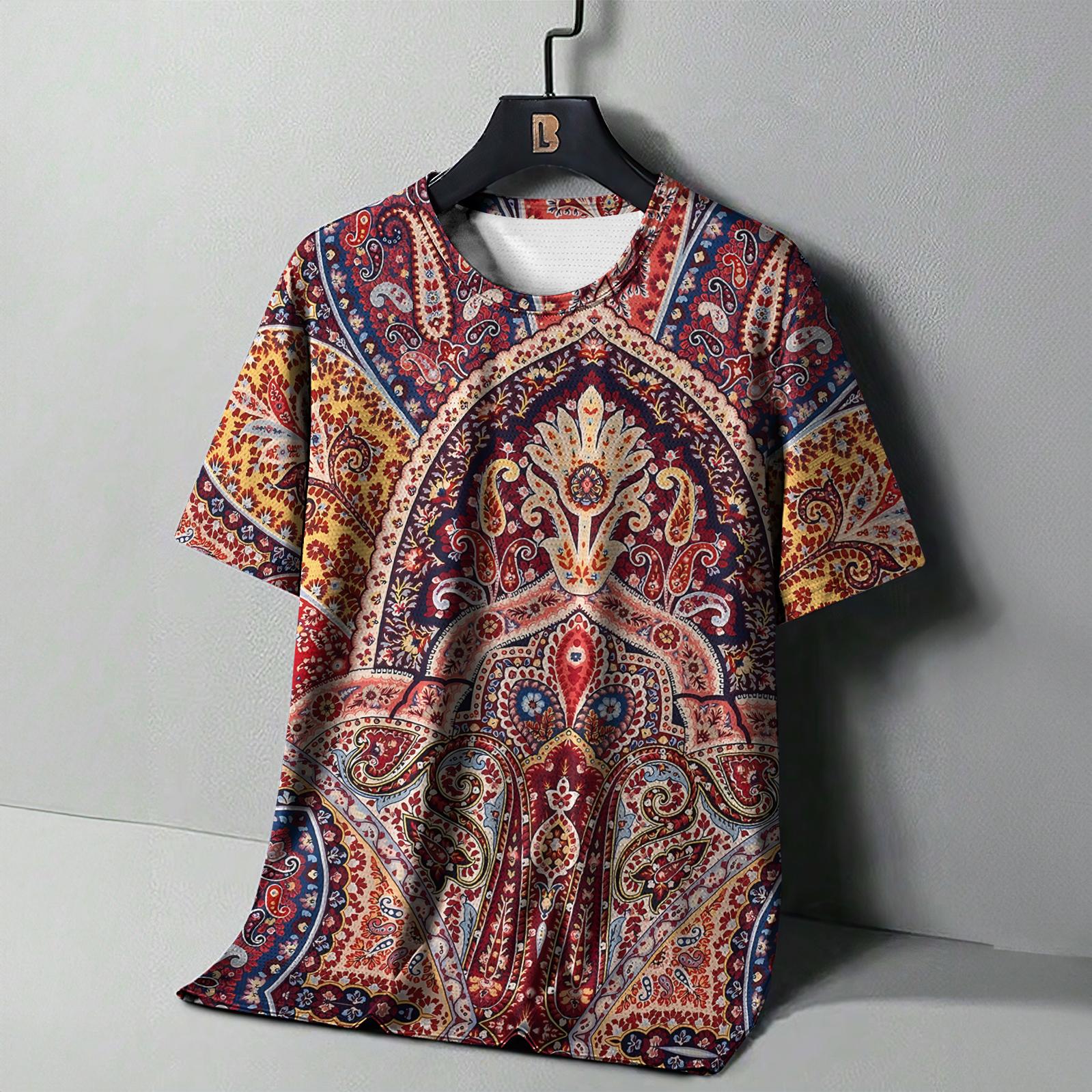 Bobby 2 Vintage heren T-shirt Etnische print Casual Korte mouw Zomer Ronde hals Streetwear Heren Losse sweatshirt Ademende herenkleding S