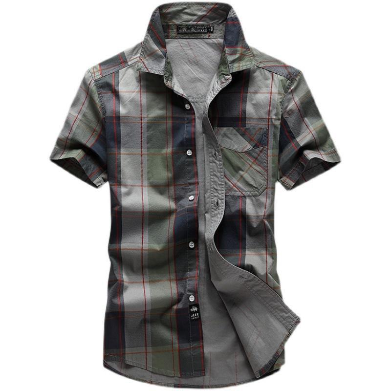 Phoca Largha for Men Nieuwe zomer geruite herenoverhemd met korte mouwen, zakelijk casual katoen, grote maten, los ademend, absorbeert zweet L