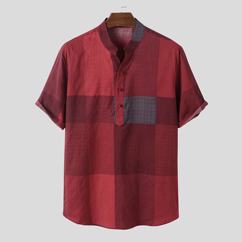 INCERUN Zomer Herenmode Katoenen Geruite Shirts Dragen Korte Mouwen Casual Losse Tops Plus Size S rood