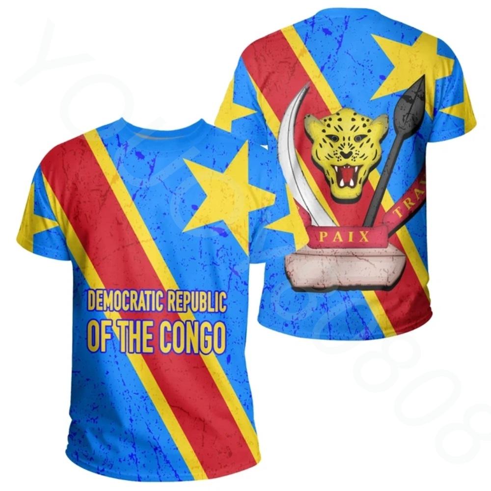 Xuhaijian02 Vlag van de Democratische Republiek Congo 3D-printen T-shirt van hoge kwaliteit Zomer Casual ronde hals Heren Dames Tops met korte mouwen S