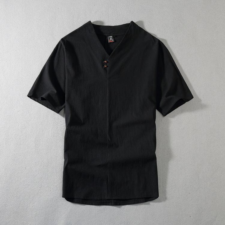 QGOOD Zomer Heren Shirts Heren Traditionele Chinese Kleding Korte Mouw Tops Heren Linnen Shirts Zomer Casual Korte Mouw Oversize Big Size Grote V-hals 6XL zwart