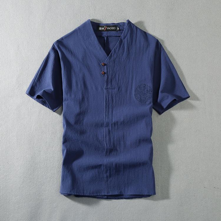 QGOOD Zomer Heren Shirts Heren Traditionele Chinese Kleding Korte Mouw Tops Heren Linnen Shirts Zomer Casual Korte Mouw Oversize Big Size Grote V-hals 6XL blauw