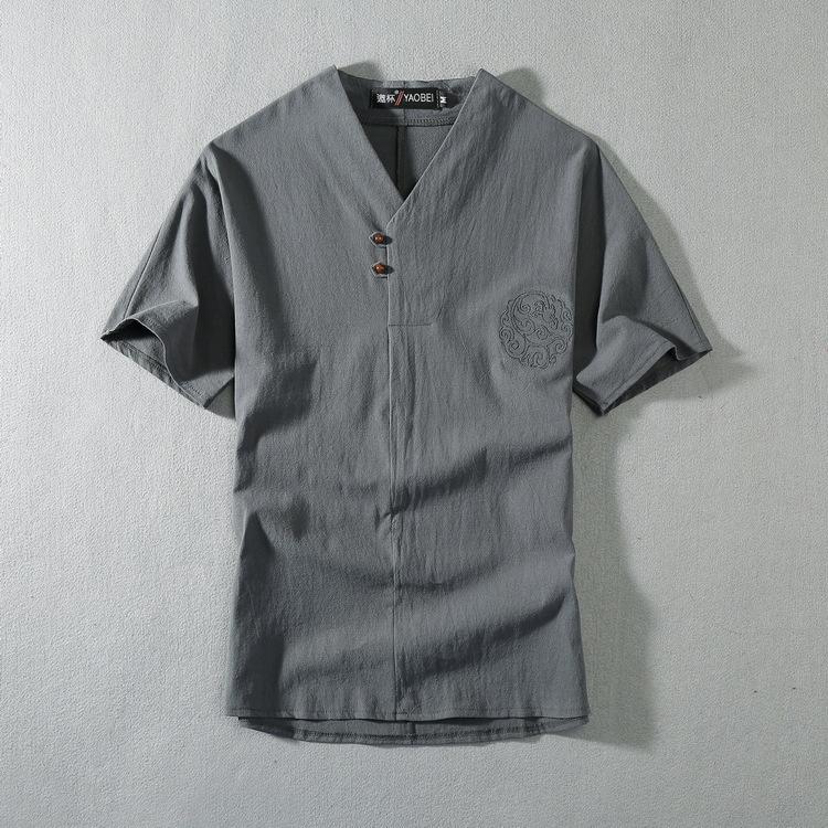 QGOOD Zomer Heren Shirts Heren Traditionele Chinese Kleding Korte Mouw Tops Heren Linnen Shirts Zomer Casual Korte Mouw Oversize Big Size Grote V-hals XXXXL grijs