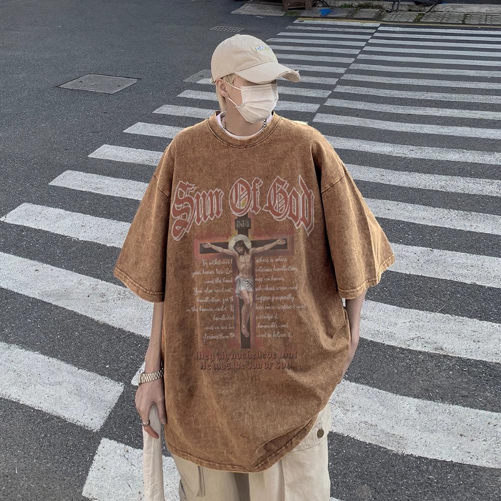FEGKZLI Fashion 100% katoen Acid Washed Vintage korte mouw T-shirt Voorkant bedrukking Streetwear HipHop Harajuku Oversized T-shirts XXL koffie