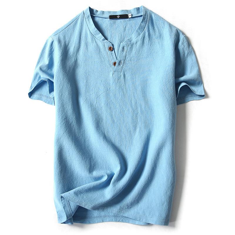 DSorothy Zomer T-shirt Heren Korte Mouw Los Ademend Katoen Linnen T-shirt Mannelijke Mode Effen Kleur V-hals T-shirts 5XL XXXL hemelsblauwe kleur