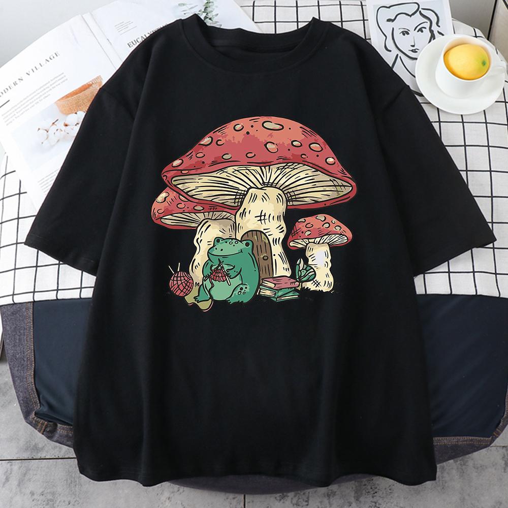 Enter Boutique Sports Clothing Collection Schattig met een paddenstoelenhuis en een kikker Heren tops Vintage oversized T-shirt Kleding Casual Crewneck Man Katoenen T-shirts 2XL