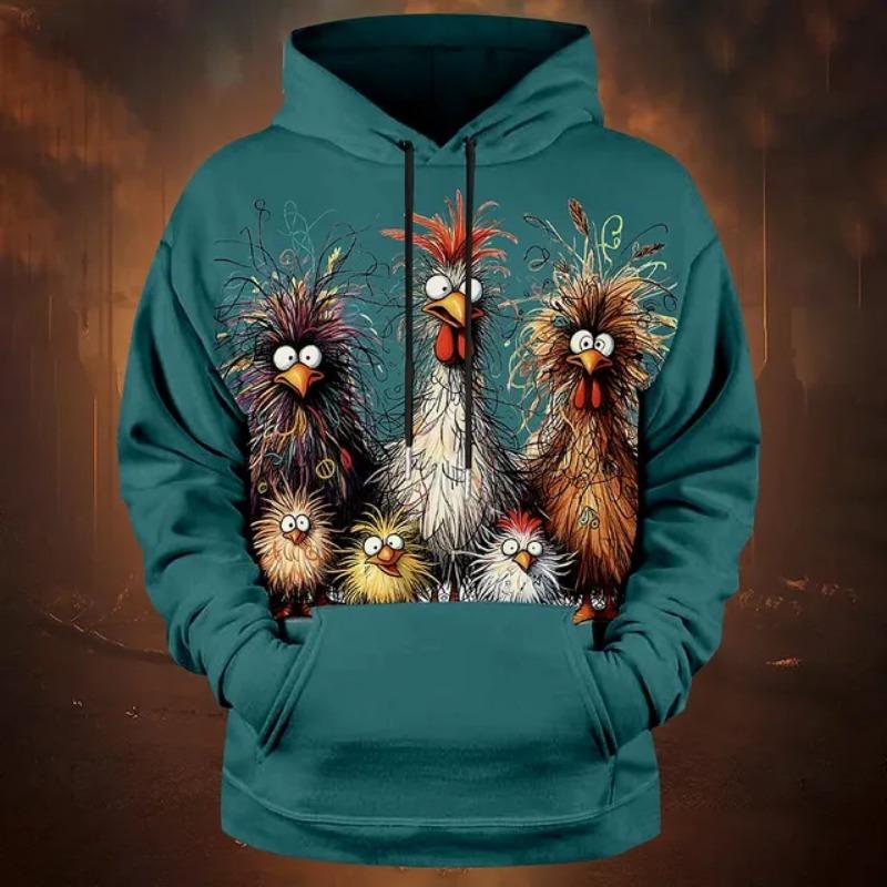 ETST0012 Grappige herenhoodie met dierenprint, kippenprint, zomers casual, korte mouwen, T-shirt met capuchon, street fashion, oversized kleding voor heren 2XL