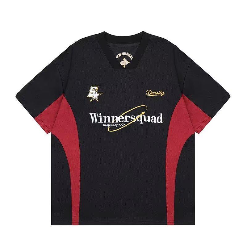 VantaGoods Heren V-hals motorfietsstijl geborduurde losse hiphop halflange mouwen jersey M zwart