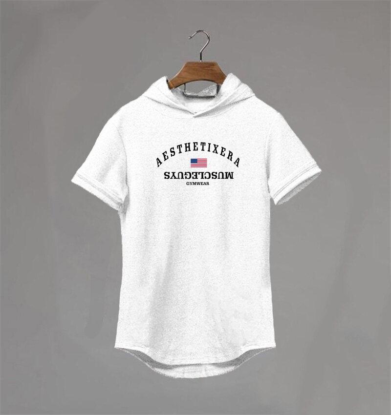 Muscleguys Nieuwe Bodybuilding T-shirt Met Capuchon Heren Gymnastiek Sweatshirts Korte Mouw Katoenen Sportkleding Fitness T-shirt Muscle Tee Shirt XXL wit