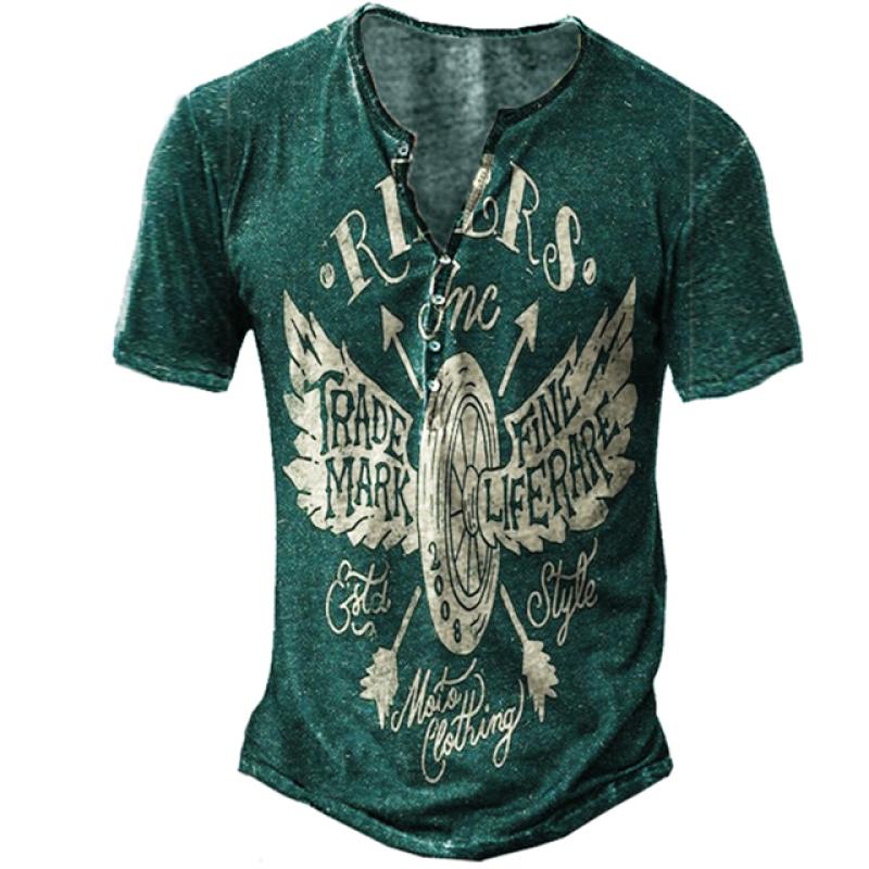 Haodingfushi Mannen V-kraag Knop Vintage T-shirt, Zomermode Punk T-shirt met korte mouwen. 4XL