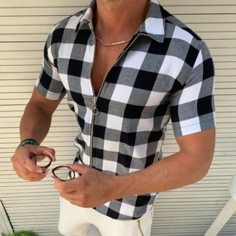 Bestnify apparel Geruit bedrukt overhemd Zomermode Heren T-shirt met korte mouwen en capuchon en ritssluiting uit één stuk M grijs