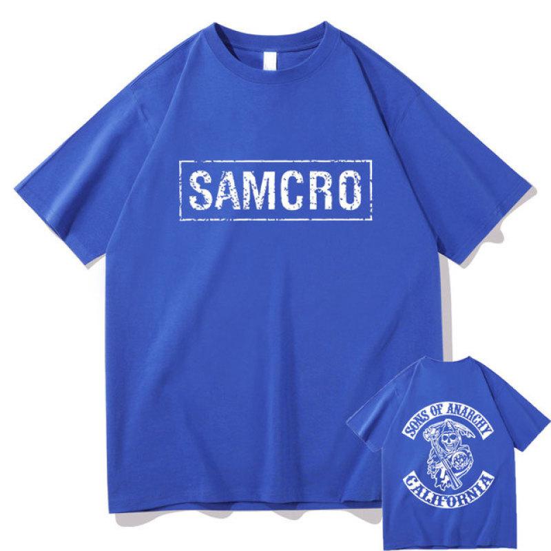 The second face a man Sons of Anarchy SAMCRO Dubbelzijdig Print T-shirt Mannen Womnen Mode Hip Hop Rock Tees Korte Mouw Zomer Katoenen T shirts Tops 2XL blauw