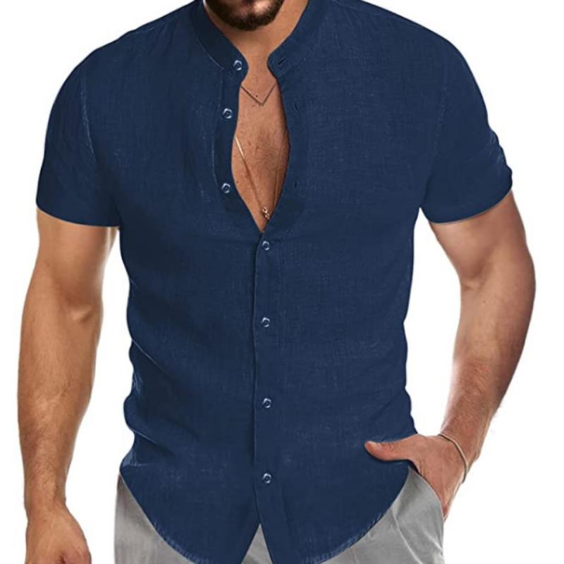 WowClassic Heren Losse Plus Size Top Zomer Effen Kleur Shirt Katoen Linnen Revers Korte Mouw Casual Shirts Herenkleding L marineblauwe kleur
