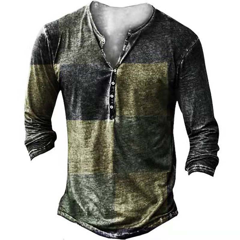 Haojun Bijpassende kleurenblokken voor herenkleding Retro T-shirt, modieus en gepersonaliseerd groot casual bedrukt T-shirt met 7 knopen voor heren met V-hals. 2XL
