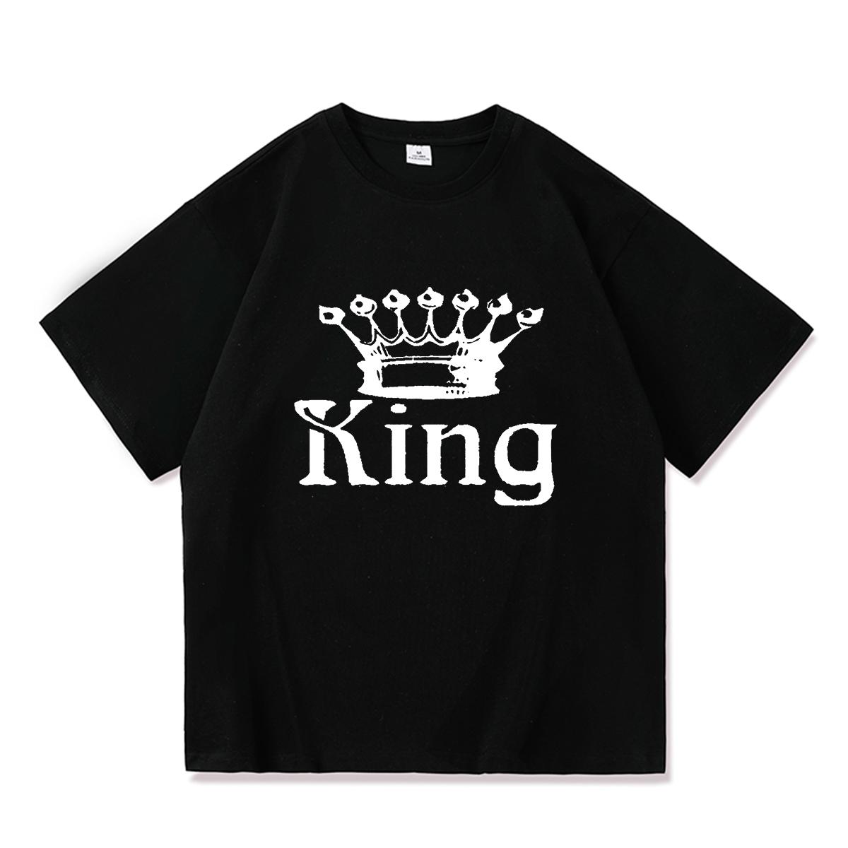FEGKZLI Fashion 2023 Casual KONING KONINGIN Print Zomer Katoenen T-shirt Korte Mouw O Hals Losse Lovers T-shirt Vrouwen Mannen tops Tees S zwart