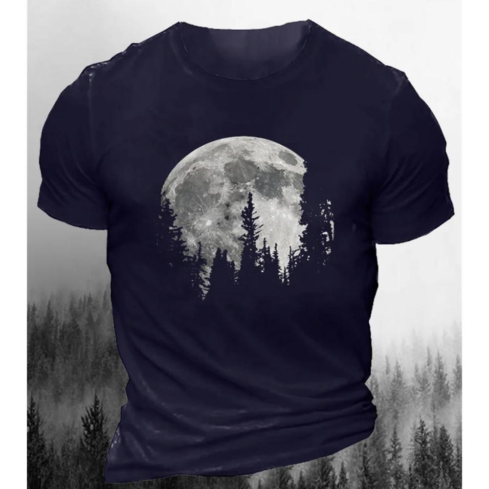 Kukebang Vintage heren T-shirt met 3D-print Maanbospatroon Afdrukken Losse oversized shirts Klassieke herenkleding Straat Casual T-shirts met korte mouwen XL