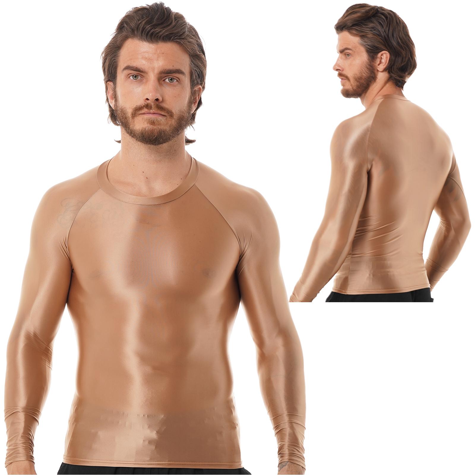 RUNQHUI Heren glanzend shirt T-shirt effen kleur slim fit ademende tops yoga sportkleding spiertops L koffie