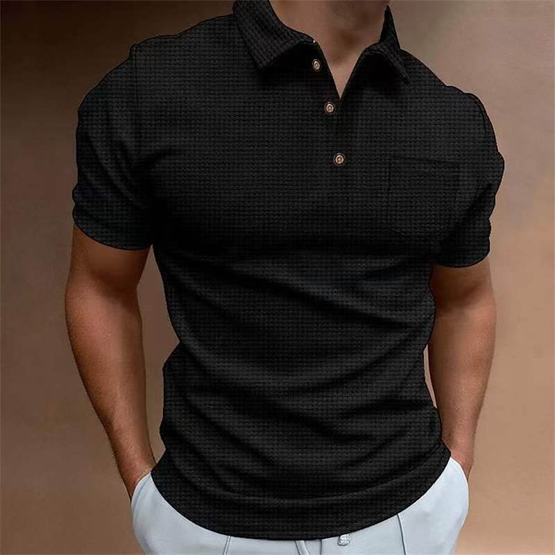 HerSight Heren Zomer Effen Korte Mouw Wafel Overhemden Heren Overhemd Revers Zak Knoop T-shirt Wit Zwart Top XXL zwart