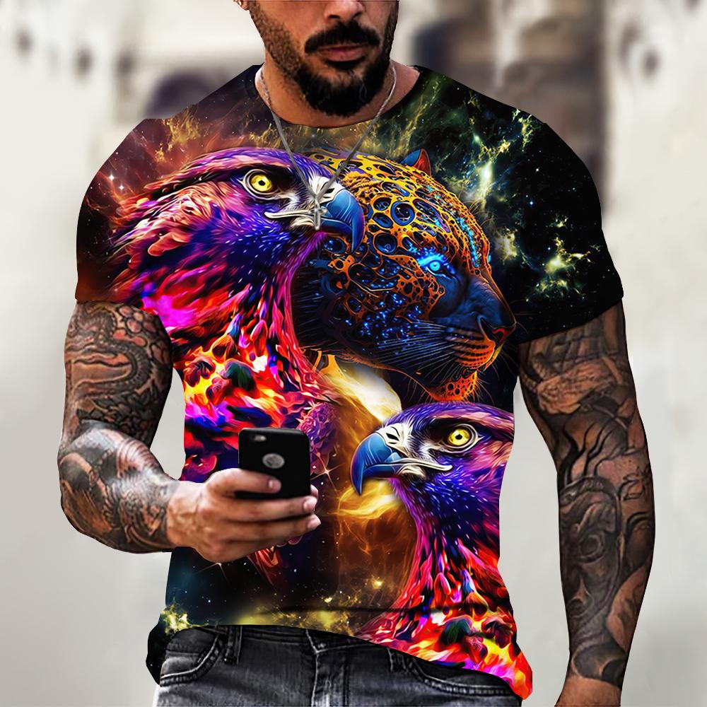 Kukebang Vintage T-shirts Voor Mannen 3D Eagle Print Korte Mouw Tops Zomer Mode Dieren T-shirt Losse Oversized T-shirt Heren kleding M