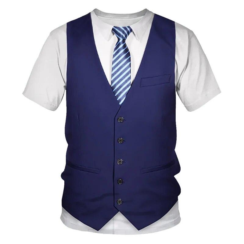 Kukebang Zomer Mode Persoonlijkheid Nep Pak Mannen T-shirts Hip Hop Trend Alternatieve Grappige Streetwear 3D Gedrukt O-hals Korte Mouw Tees L