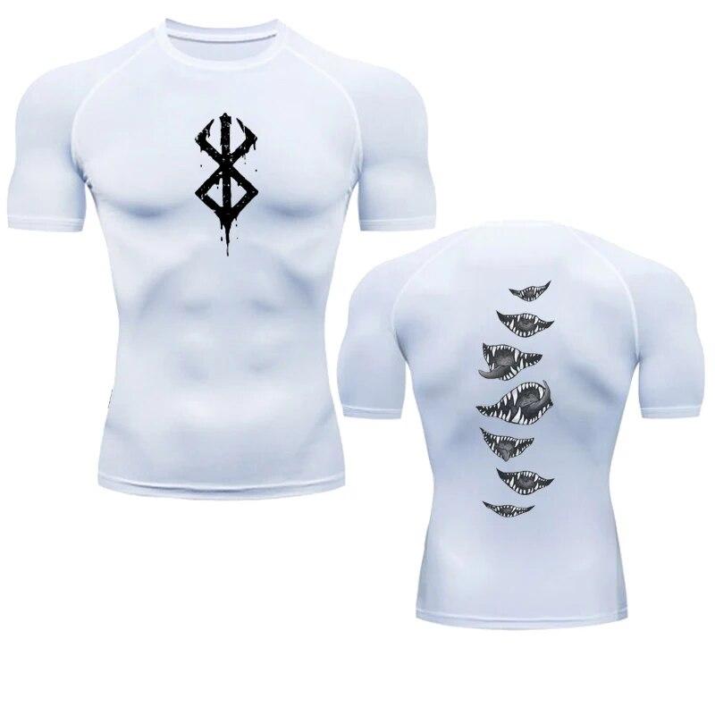 Jun Lin NO.1 Anime Berserk Guts Compressieshirt voor heren Fitness Sport Running Tight Gym T-shirts Atletische sneldrogende tops Tee Zomer S wit
