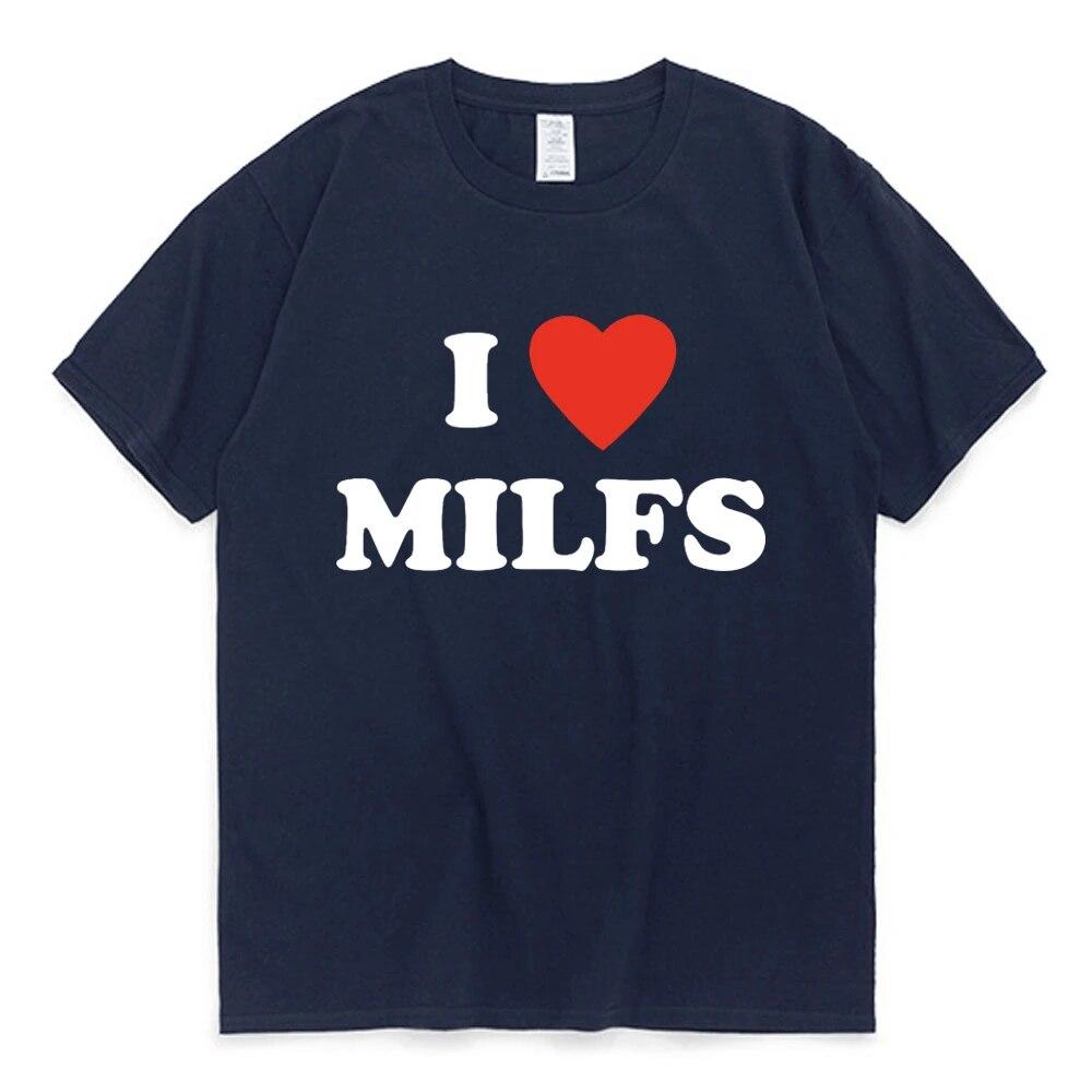 New Young Ik hou van MILFS Ik hou van hete moeders Letter bedrukte T-shirts Zomer Mannen Vrouwen Korte mouw Casual T-shirt Harajuku Mode T-shirts L marineblauwe kleur