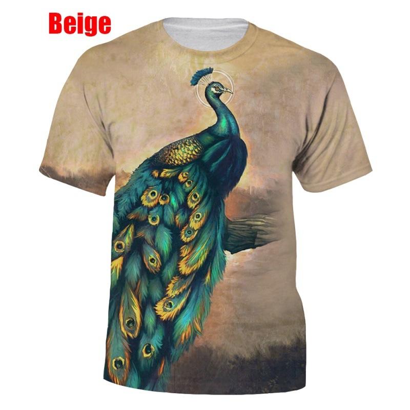 HerSight Kleurrijke pauw 3D-geprinte T-shirts Heren Casual Korte Mouw T-shirt Casual Heren Top 2XL beige