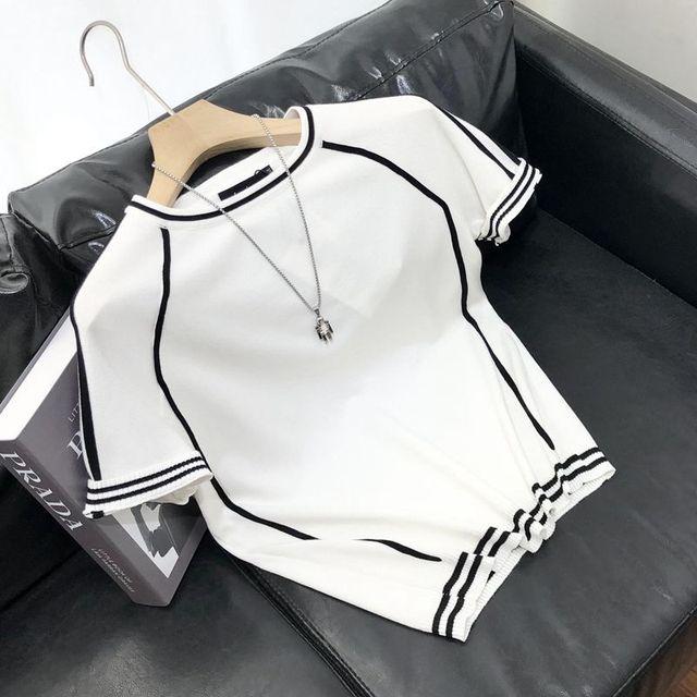 QGOOD Zomer Casual Patchwork Contrasterende Gestreepte Oversized Heren en Dames Ijs Zijde Gebreide Trui Korte Mouw T-shirt XL wit