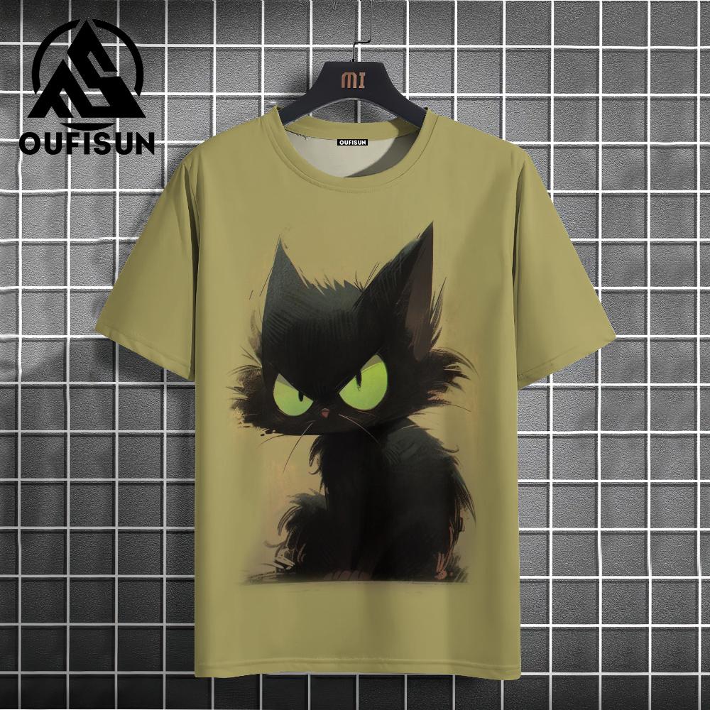 Xuhaijian02 Zomer Heren T-shirt Dier Schattige Kat Print Ronde Hals Korte Mouw Tee Street Trend Tops Oversized Herenkleding T-shirt Voor Heren L