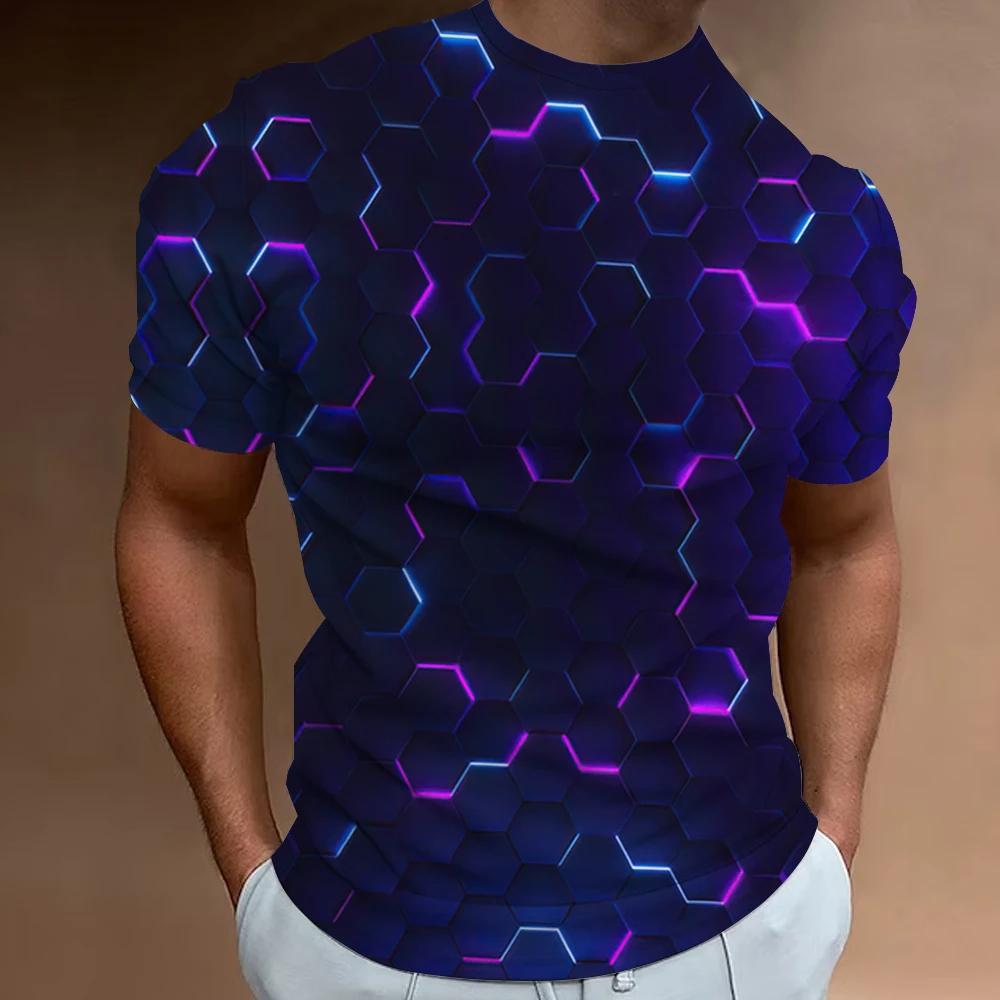Xuhaijian02 Retro Zomer Heren Luxe Ronde Hals T-shirt Met 3D Geometrisch Patroon Patchwork Print Casual Polyester Korte Mouwen XL