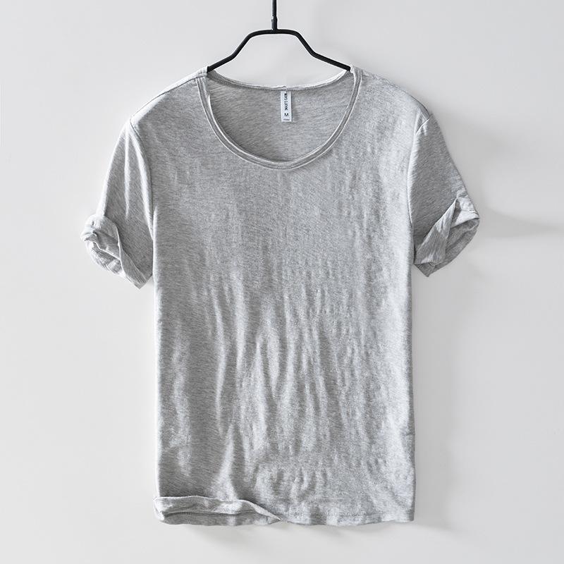 Liyugen Men's O-Neck Casual Retro Raw Edge T-Shirt  Cotton Lightweight Breathable Slim-fit Monochromatic Basic Top XXXL lichtgrijze kleur