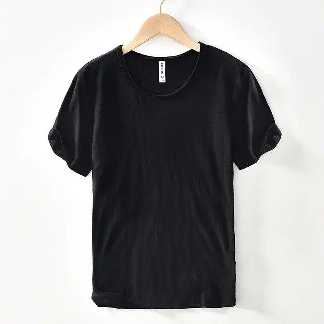 Liyugen Men's O-Neck Casual Retro Raw Edge T-Shirt  Cotton Lightweight Breathable Slim-fit Monochromatic Basic Top L zwart