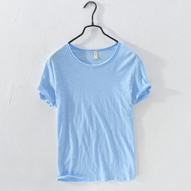 Liyugen Men's O-Neck Casual Retro Raw Edge T-Shirt  Cotton Lightweight Breathable Slim-fit Monochromatic Basic Top L hemelsblauwe kleur