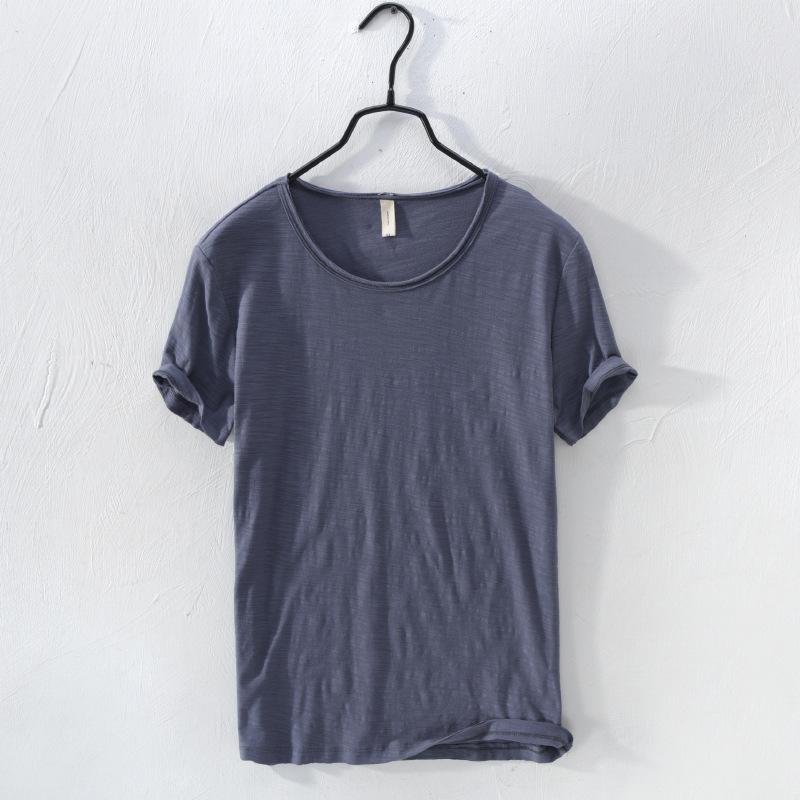Liyugen Men's O-Neck Casual Retro Raw Edge T-Shirt  Cotton Lightweight Breathable Slim-fit Monochromatic Basic Top M donkergrijze kleur